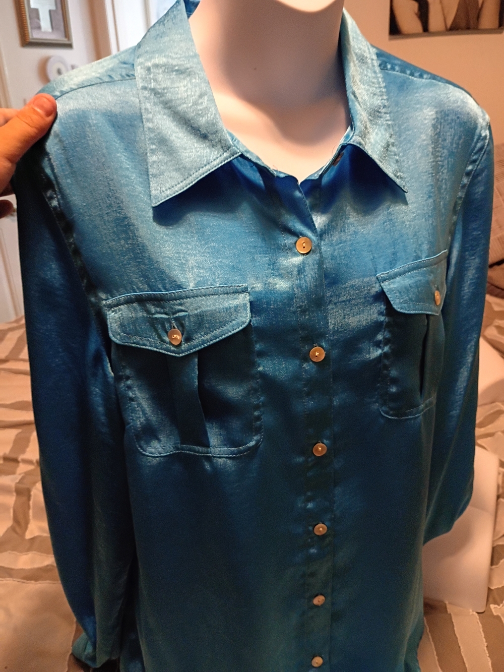 Ruby Rd. Shiny Teal Button-Up Blouse - Picture 3 of 4